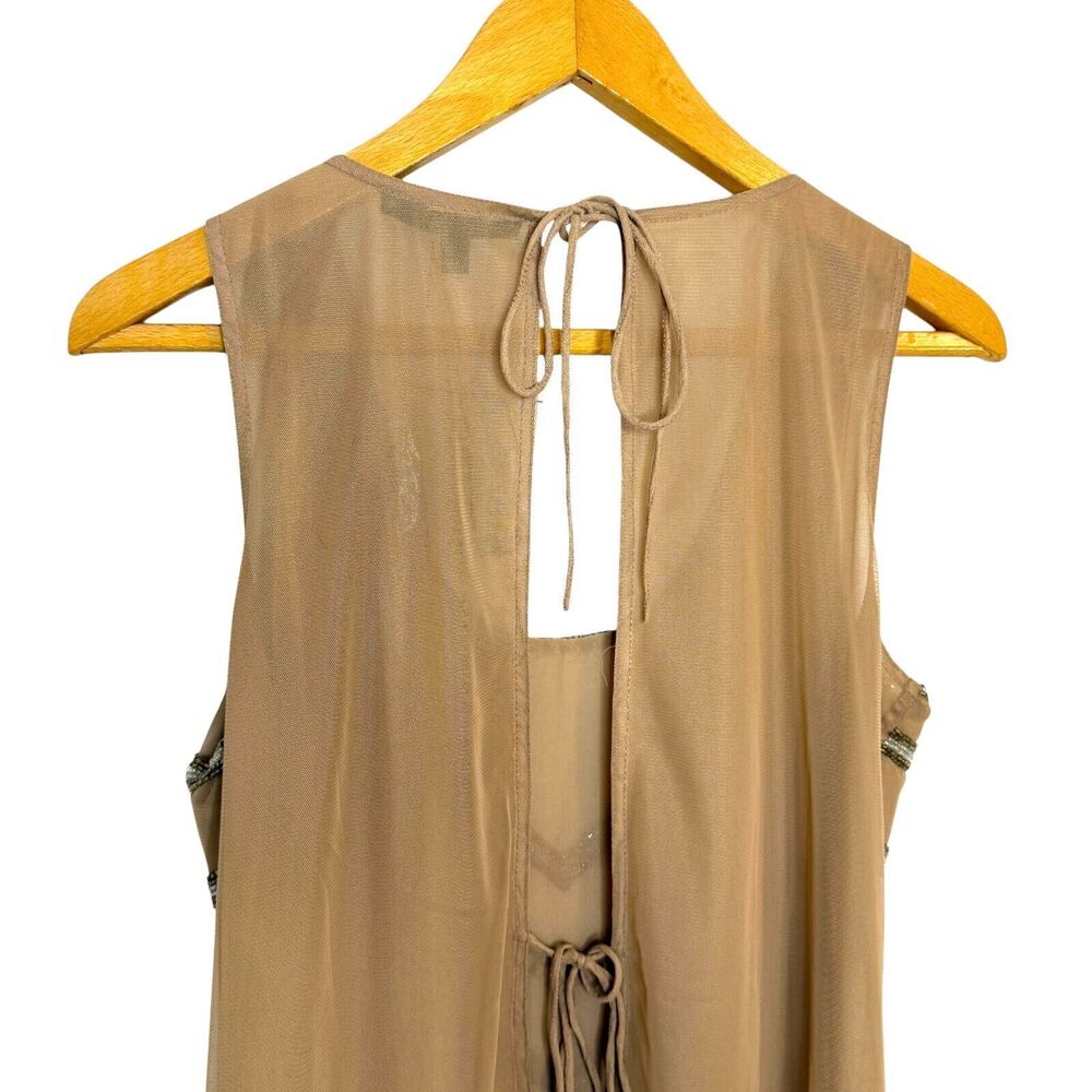 Buckle Sheer Mesh Lined‎ Back Tie Tan Gold Beaded Tank Top Size Small NWT - Picture 7 of 15